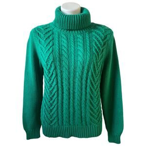 Lands End Drifter Women’s Turtleneck Cable Knit Sweater Green Med